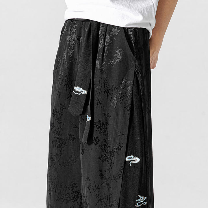 Buddha Stones Spring Summer Tang Style Drawstring Embroidery Abstract Cropped Pants Men's Wide Leg Pants With Pocket - image 8