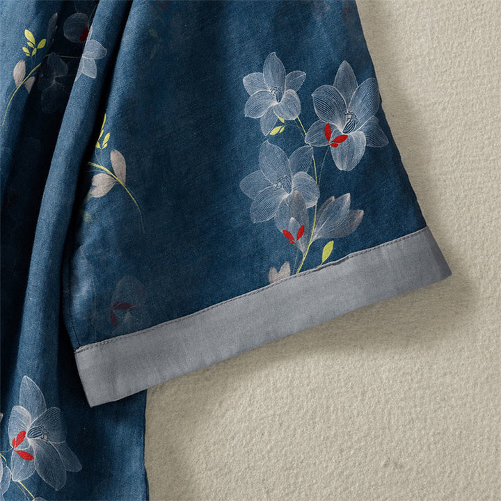 Buddha Stones Spring Summer Tang Style Vintage Frog Button Floral Cotton Linen Women's Elbow-Length Sleeve Shirts - image 5