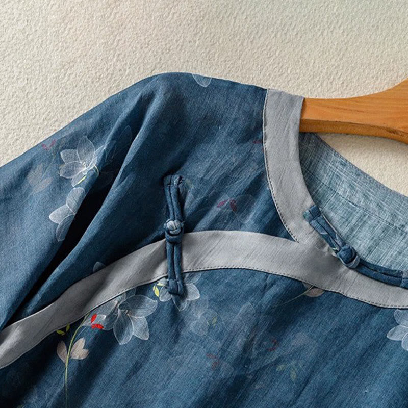 Buddha Stones Spring Summer Tang Style Vintage Frog Button Floral Cotton Linen Women's Elbow-Length Sleeve Shirts - image 4