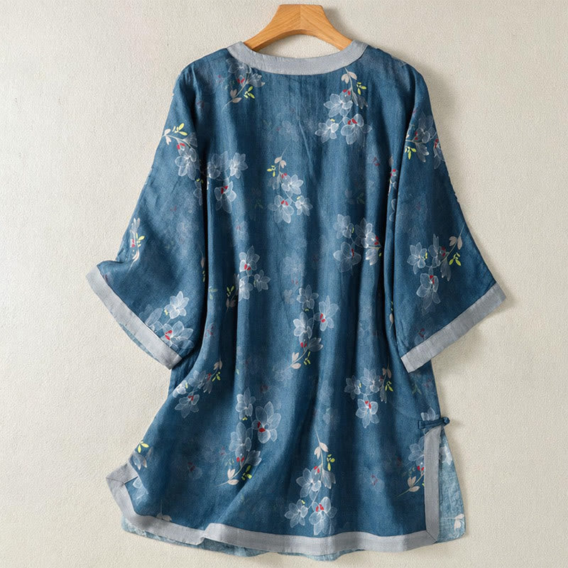 Buddha Stones Spring Summer Tang Style Vintage Frog Button Floral Cotton Linen Women's Elbow-Length Sleeve Shirts - image 1