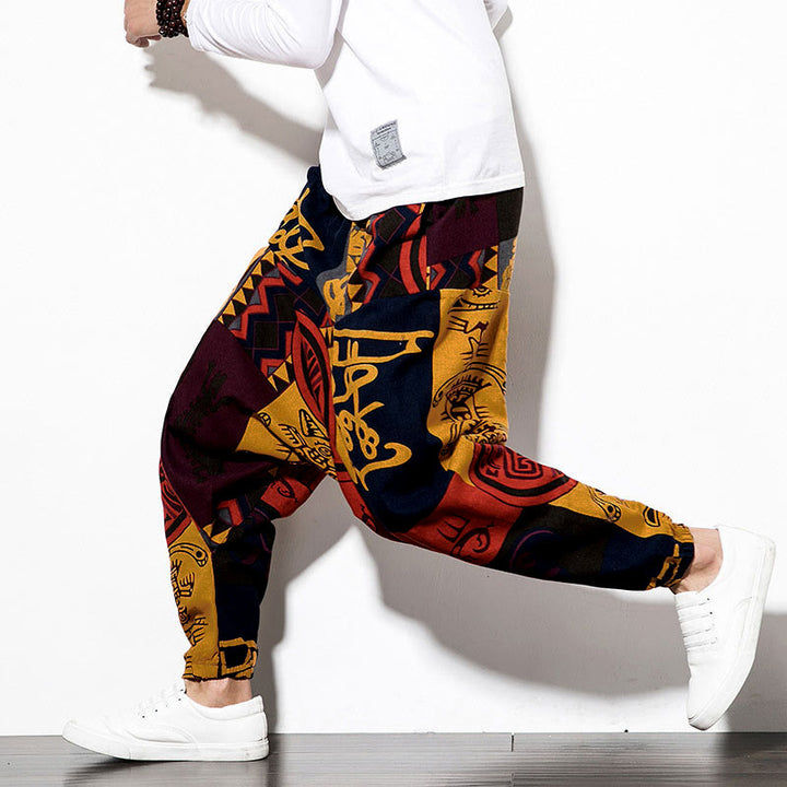 Buddha Stones Red Brown Graffiti Bird Print Men's Harem Pants With Pockets - image 6