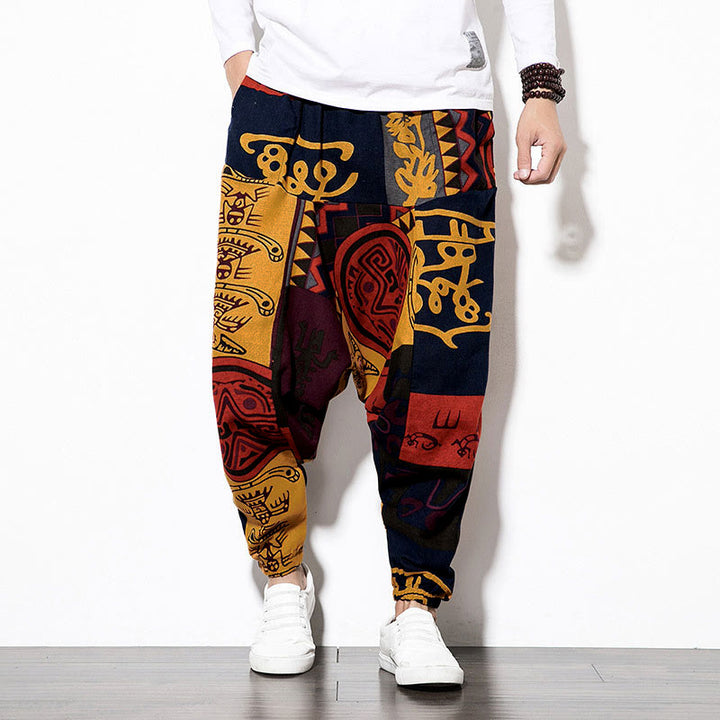 Buddha Stones Red Brown Graffiti Bird Print Men's Harem Pants With Pockets - image 1