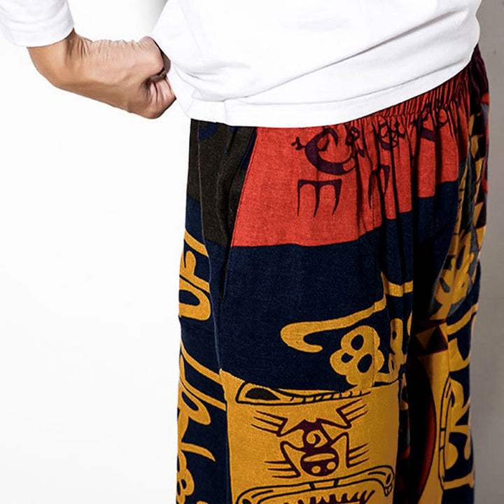 Buddha Stones Red Brown Graffiti Bird Print Men's Harem Pants With Pockets - image 9