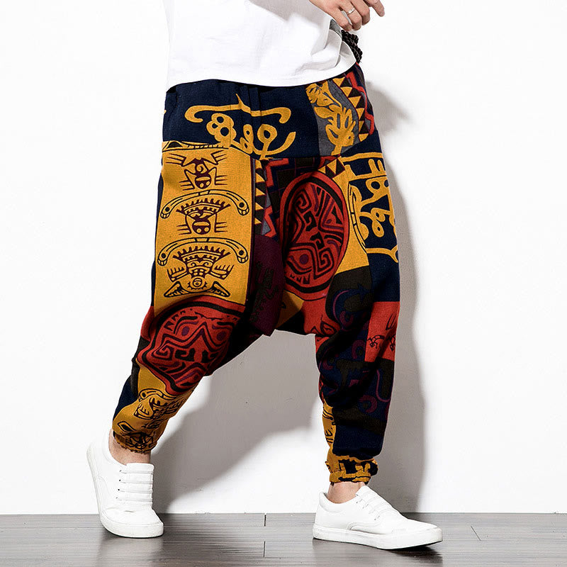 Buddha Stones Red Brown Graffiti Bird Print Men's Harem Pants With Pockets - image 4