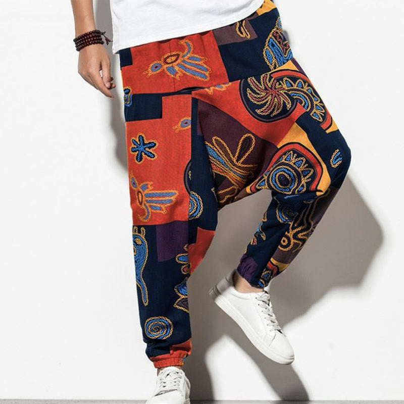 Buddha Stones Red Brown Graffiti Bird Print Men's Harem Pants With Pockets - DarkOrange - US/UK/AU44，EU54 (5XL) - image 12