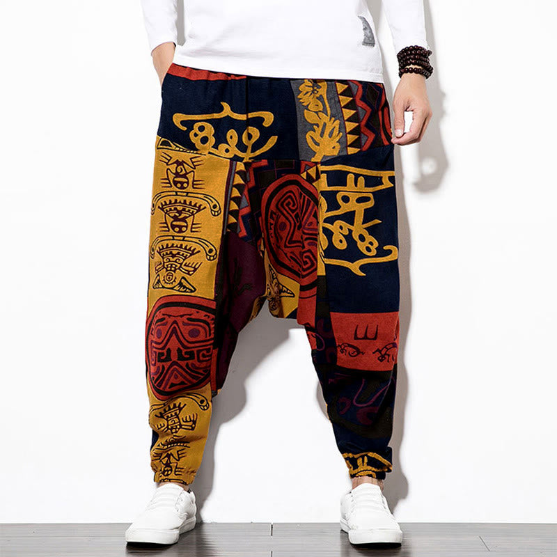 Buddha Stones Red Brown Graffiti Bird Print Men's Harem Pants With Pockets - image 5