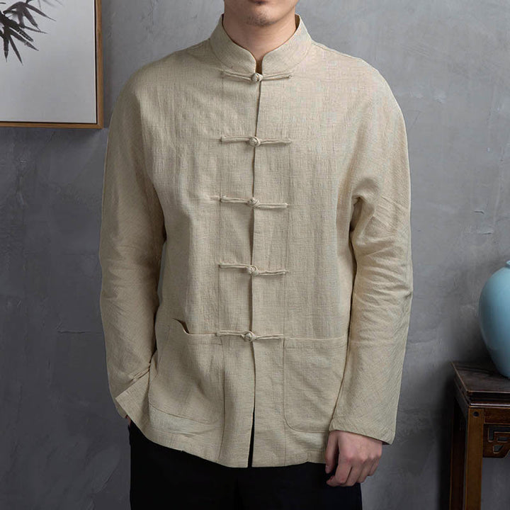 Buddha Stones Solid Color Casual Frog-button Men's Shirt Clothing - Linen - US/UK/AU44，EU54 (5XL) - image 0