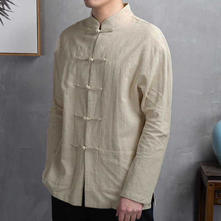 Buddha Stones Solid Color Casual Frog-button Men's Shirt Clothing - image 1