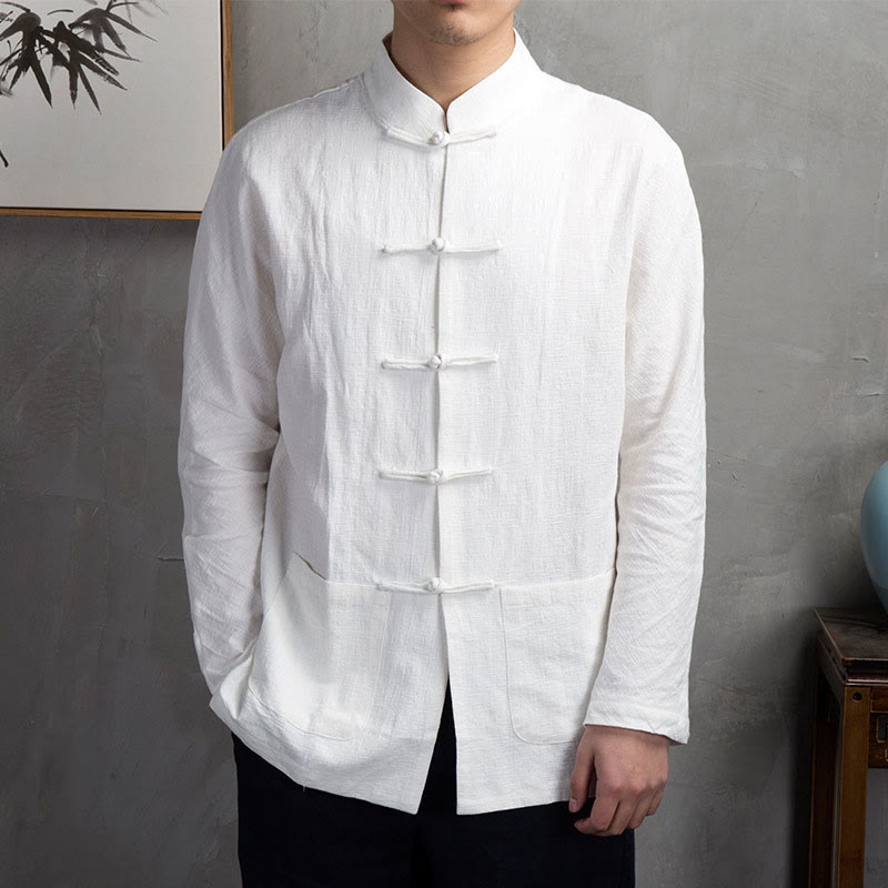 Buddha Stones Solid Color Casual Frog-button Men's Shirt Clothing - White - US/UK/AU44，EU54 (5XL) - image 2