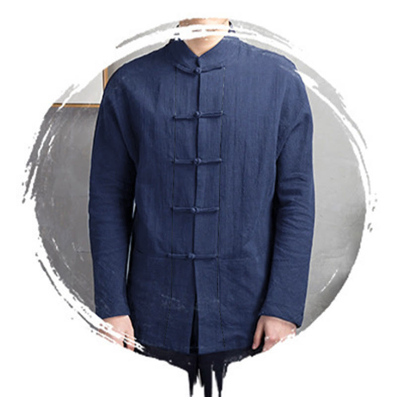 Buddha Stones Solid Color Casual Frog-button Men's Shirt Clothing - image 9
