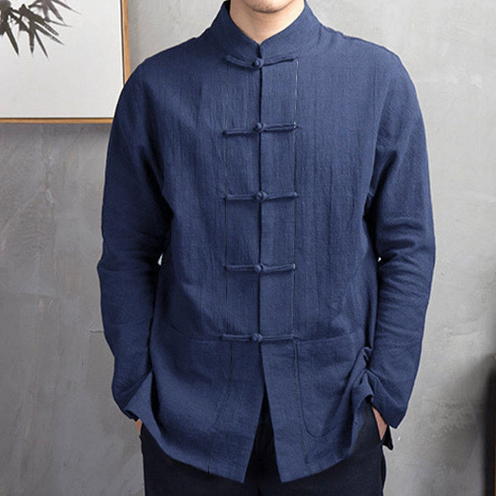 Buddha Stones Solid Color Casual Frog-button Men's Shirt Clothing - image 7