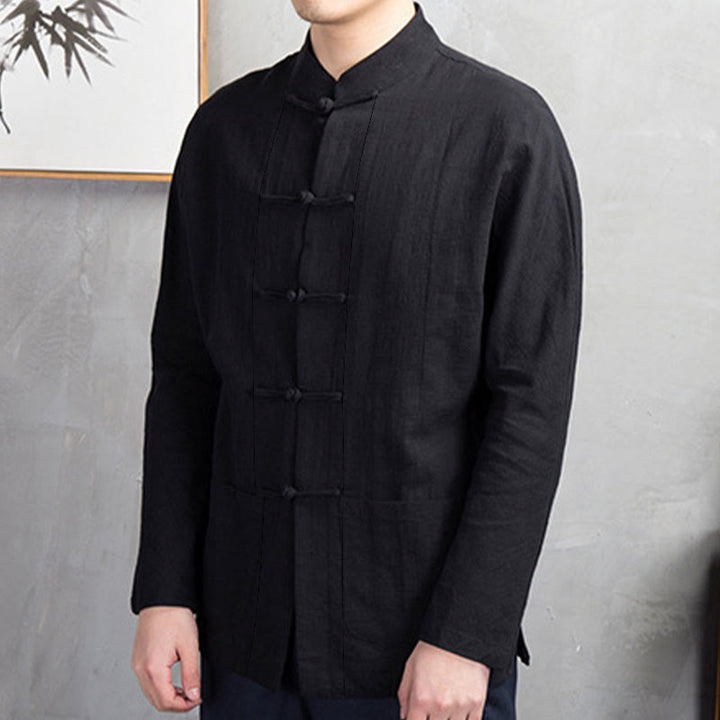 Buddha Stones Solid Color Casual Frog-button Men's Shirt Clothing - image 18