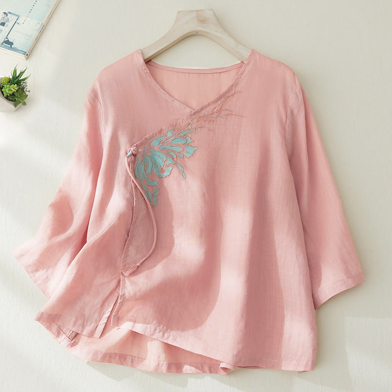 Buddha Stones Casual Women's Embroidery Plants Design Three Quarter Sleeve Shirt - MistyRose - US8-10，UK/AU12-14，EU40-42 (2XL) - image 0