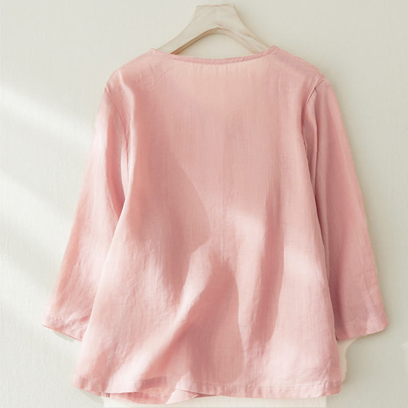 Buddha Stones Casual Women's Embroidery Plants Design Three Quarter Sleeve Shirt - image 1