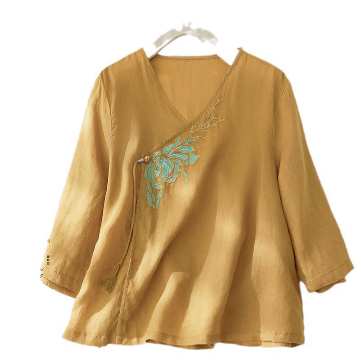 Buddha Stones Casual Women's Embroidery Plants Design Three Quarter Sleeve Shirt - Goldenrod - US8-10，UK/AU12-14，EU40-42 (2XL) - image 13