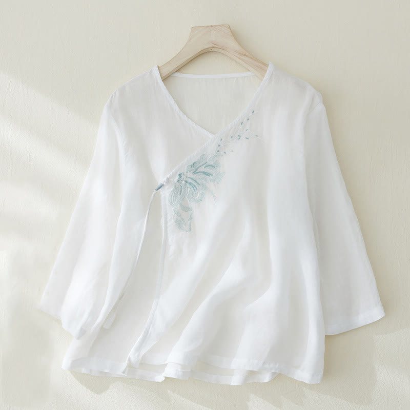 Buddha Stones Casual Women's Embroidery Plants Design Three Quarter Sleeve Shirt - White - US8-10，UK/AU12-14，EU40-42 (2XL) - image 7