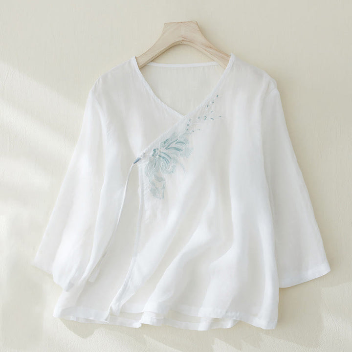 Buddha Stones Casual Women's Embroidery Plants Design Three Quarter Sleeve Shirt - White - US8-10，UK/AU12-14，EU40-42 (2XL) - image 7