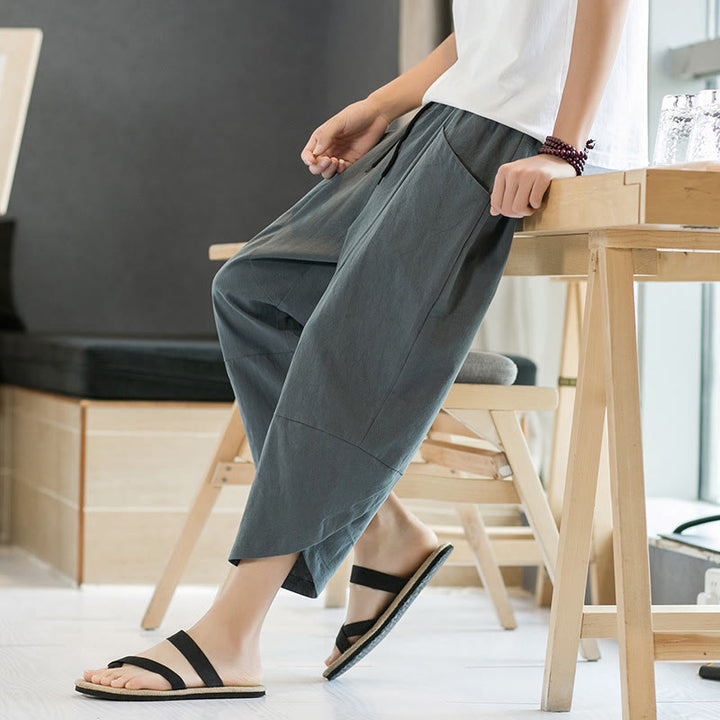 Buddha Stones Summer Men's Solid Color 7-8 Length Drawstring Pants With Pockets - image 5