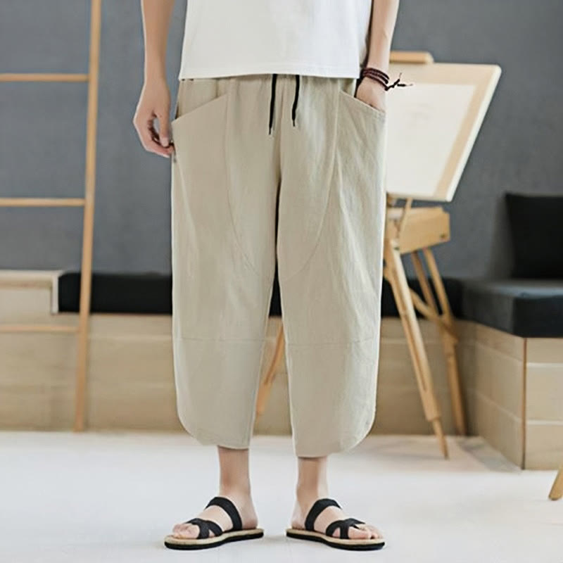 Buddha Stones Summer Men's Solid Color 7-8 Length Drawstring Pants With Pockets - image 38
