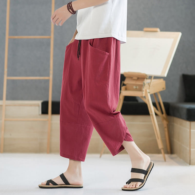 Buddha Stones Summer Men's Solid Color 7-8 Length Drawstring Pants With Pockets - image 34