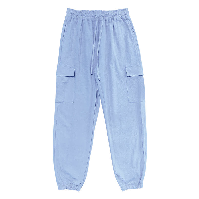 Buddha Stones Solid Color Linen Drawstring Men's Cargo Pants With Pockets - image 10