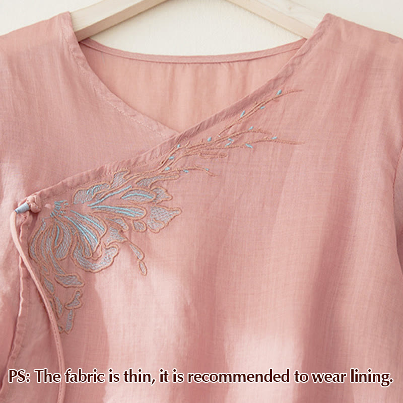Buddha Stones Casual Women's Embroidery Plants Design Three Quarter Sleeve Shirt - image 2
