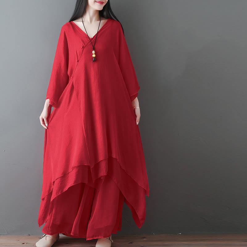 Buddha Stones V-Neck Midi Tunic Dress Wide Leg Pants Meditation Zen Practice Dance Clothing - image 11