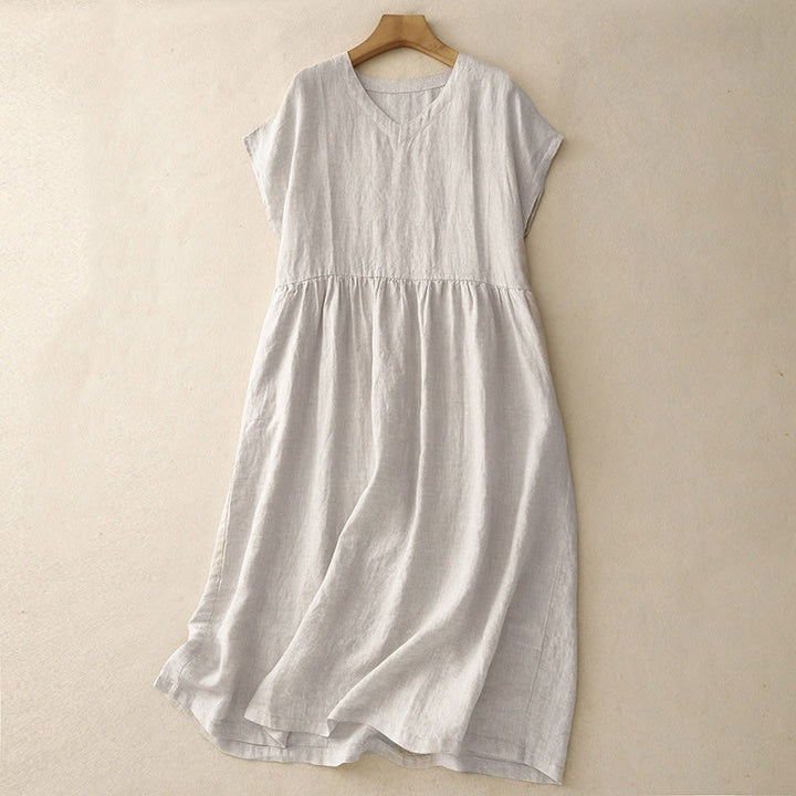 Buddha Stones Casual Artistic Solid Color Simple Design High Waist Short Sleeve Midi Dress With Pockets - Linen - US8-10，UK/AU12-14，EU40-42 (2XL) - image 0