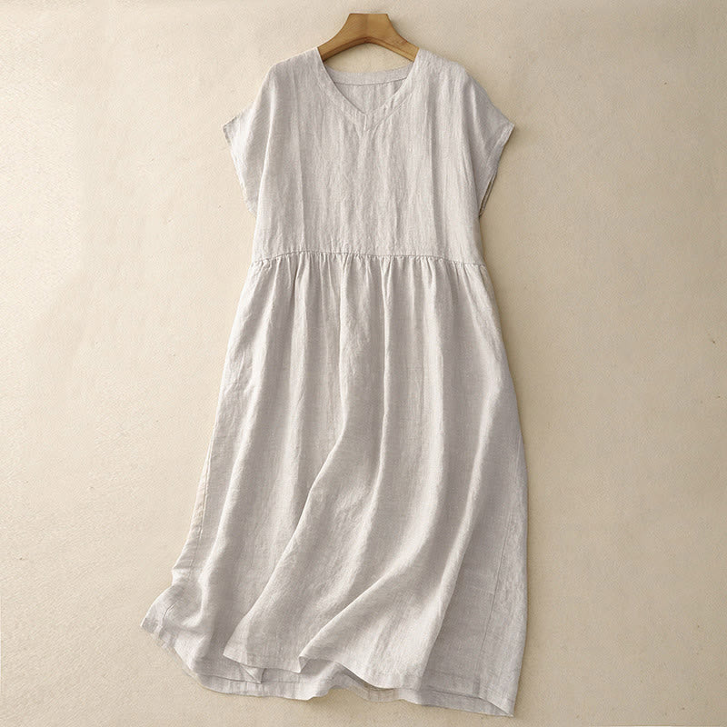 Buddha Stones Casual Artistic Solid Color Simple Design High Waist Short Sleeve Midi Dress With Pockets - Linen - US8-10，UK/AU12-14，EU40-42 (2XL) - image 0