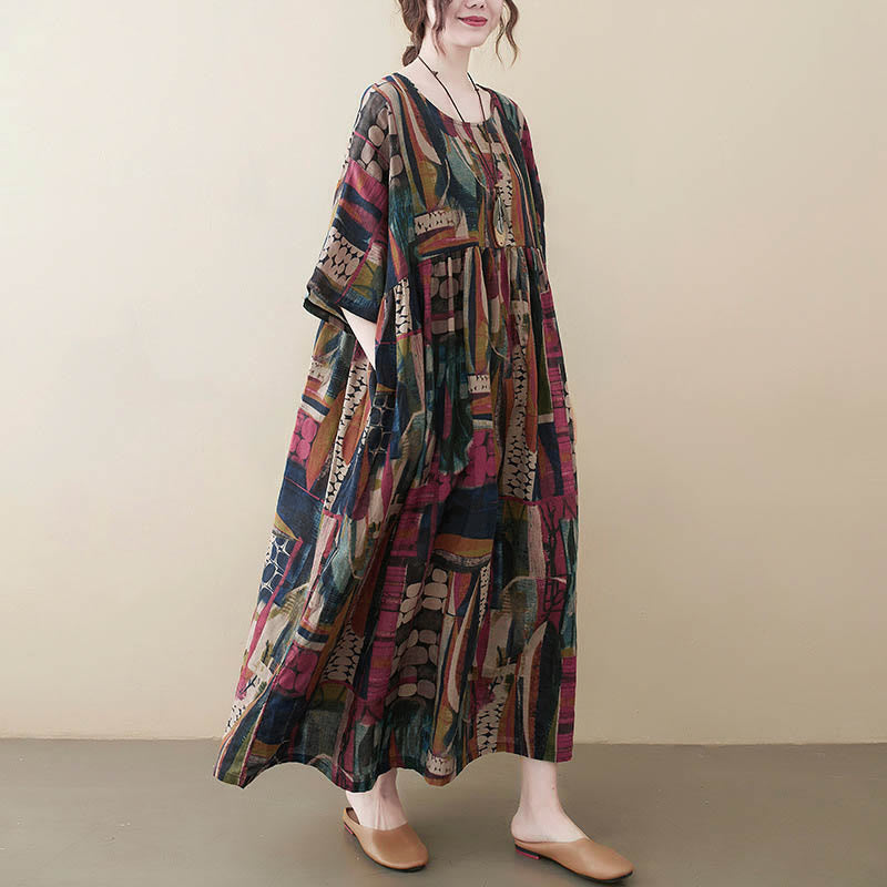 Buddha Stones Colorful Graphics Midi Dress Half Sleeve Tunic Dress With Pockets - Color(Dress Only)(Bust 142cm/Hem 130cm/Length 120cm) - image 0