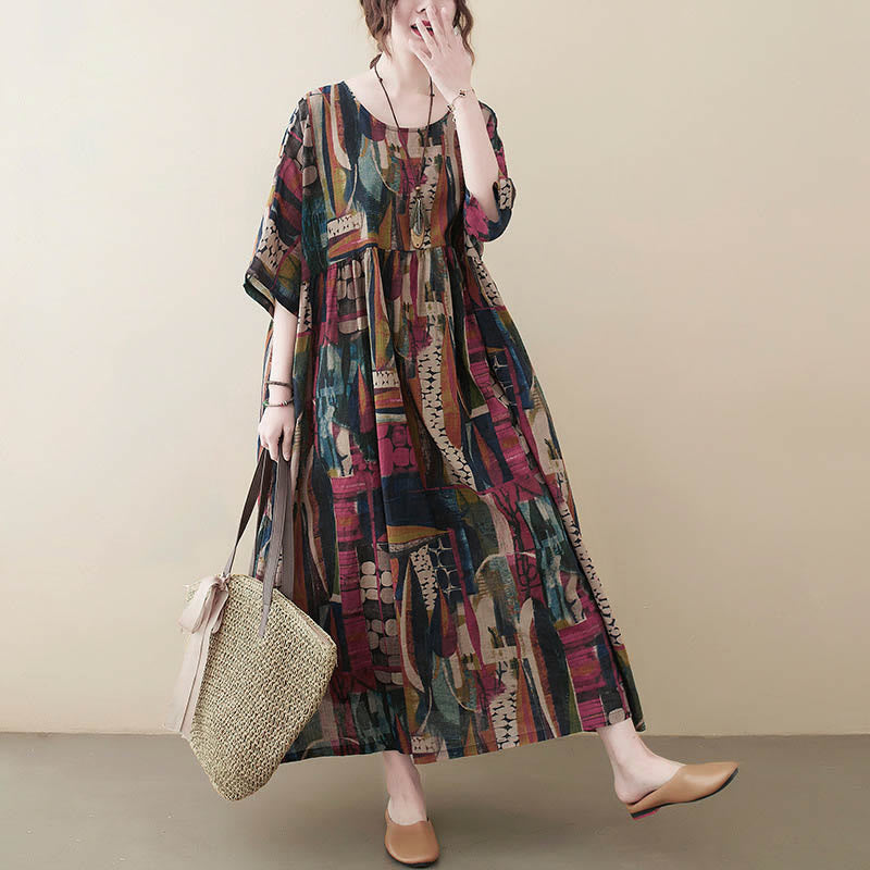 Buddha Stones Colorful Graphics Midi Dress Half Sleeve Tunic Dress With Pockets - image 6