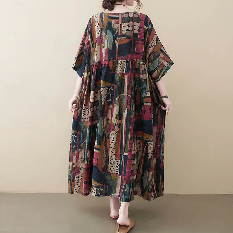 Buddha Stones Colorful Graphics Midi Dress Half Sleeve Tunic Dress With Pockets - image 3