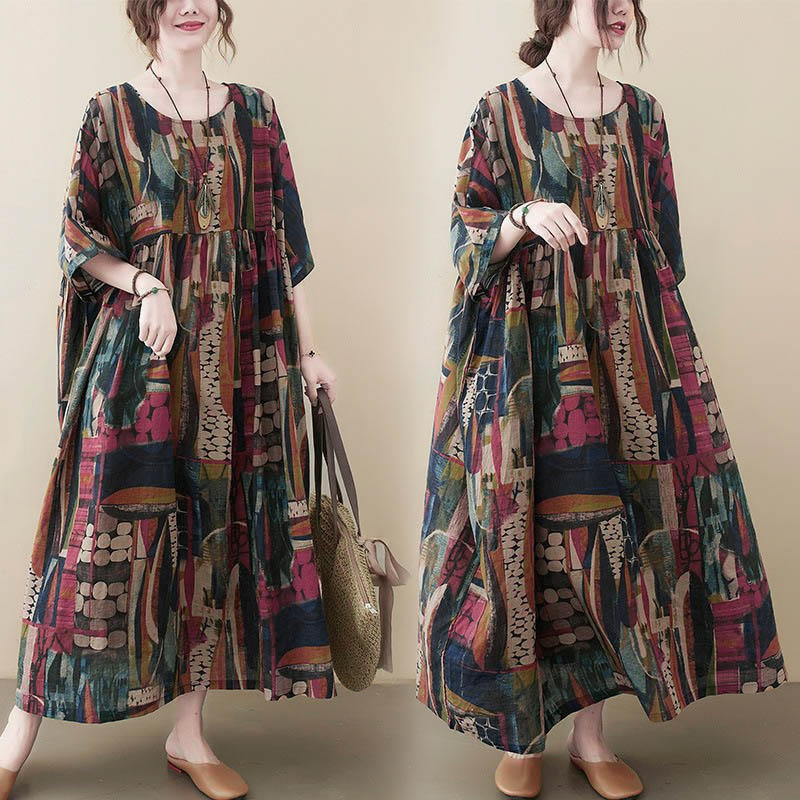 Buddha Stones Colorful Graphics Midi Dress Half Sleeve Tunic Dress With Pockets - image 5