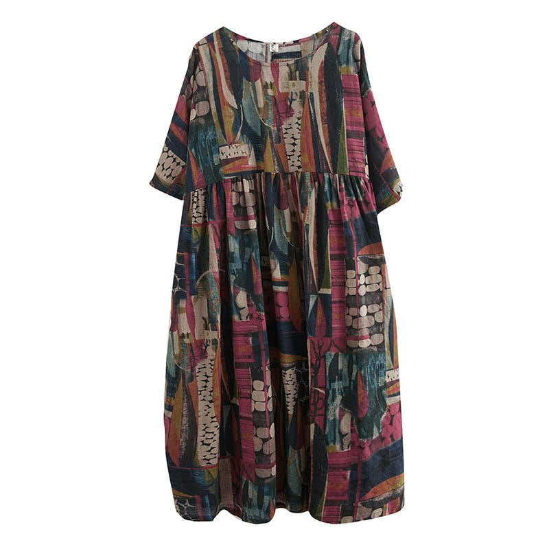 Buddha Stones Colorful Graphics Midi Dress Half Sleeve Tunic Dress With Pockets - image 12
