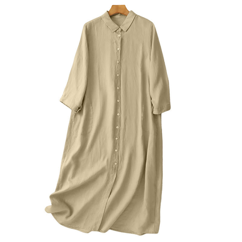 Buddha Stones Fall Commute Plain Buttons Design Long Sleeve Knee Length Dress With Pockets - image 17