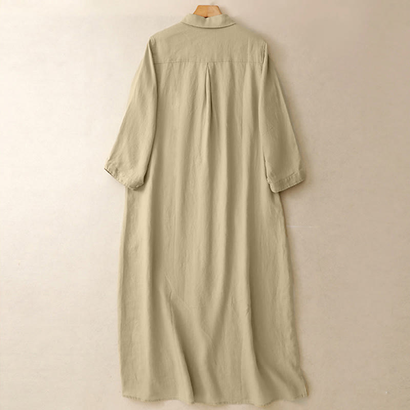 Buddha Stones Fall Commute Plain Buttons Design Long Sleeve Knee Length Dress With Pockets - image 10