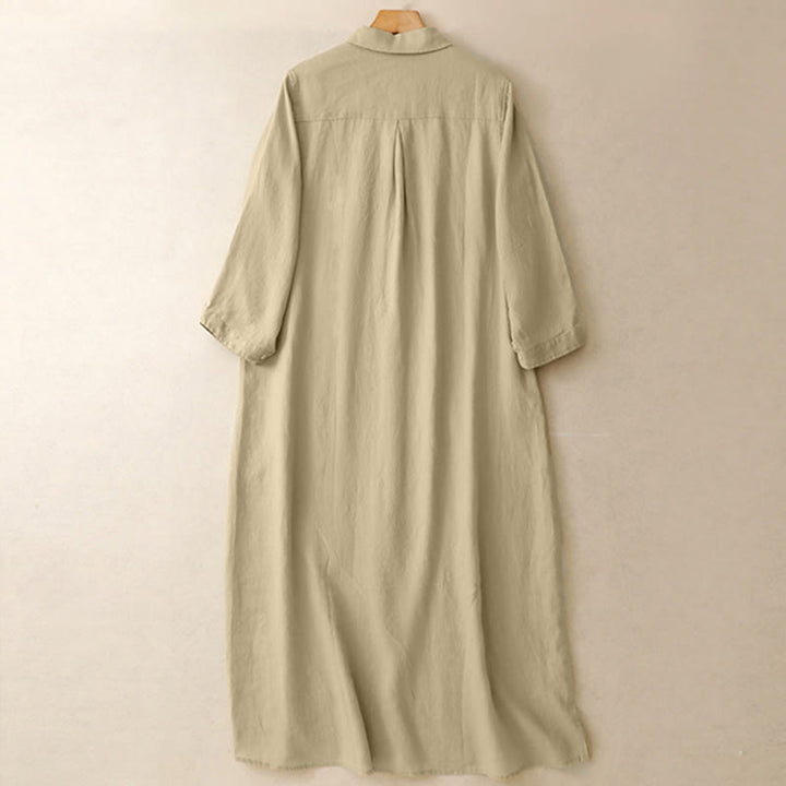 Buddha Stones Fall Commute Plain Buttons Design Long Sleeve Knee Length Dress With Pockets - image 10
