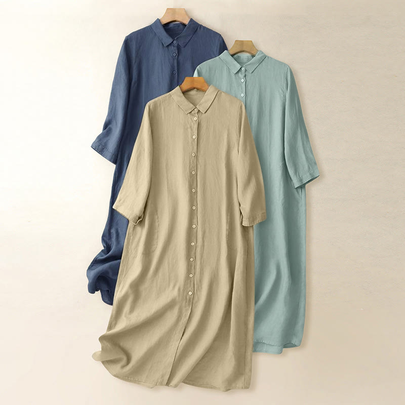 Buddha Stones Fall Commute Plain Buttons Design Long Sleeve Knee Length Dress With Pockets - image 0