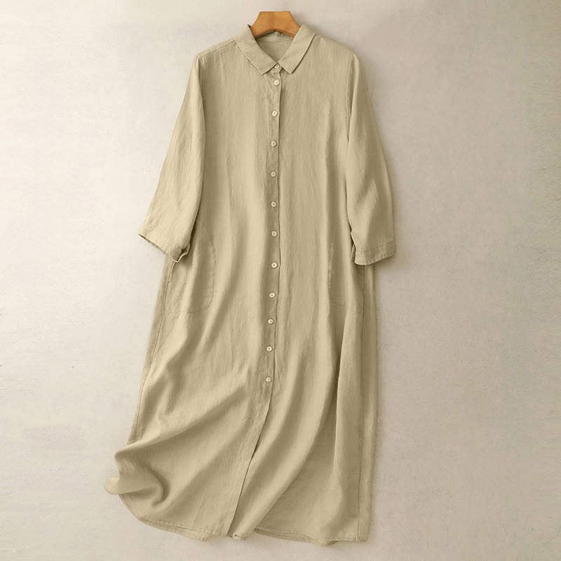 Buddha Stones Fall Commute Plain Buttons Design Long Sleeve Knee Length Dress With Pockets - PaleGoldenrod - US8-10，UK/AU12-14，EU40-42 (2XL) - image 9