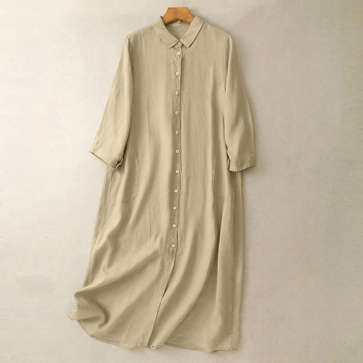 Buddha Stones Fall Commute Plain Buttons Design Long Sleeve Knee Length Dress With Pockets - PaleGoldenrod - US8-10，UK/AU12-14，EU40-42 (2XL) - image 9