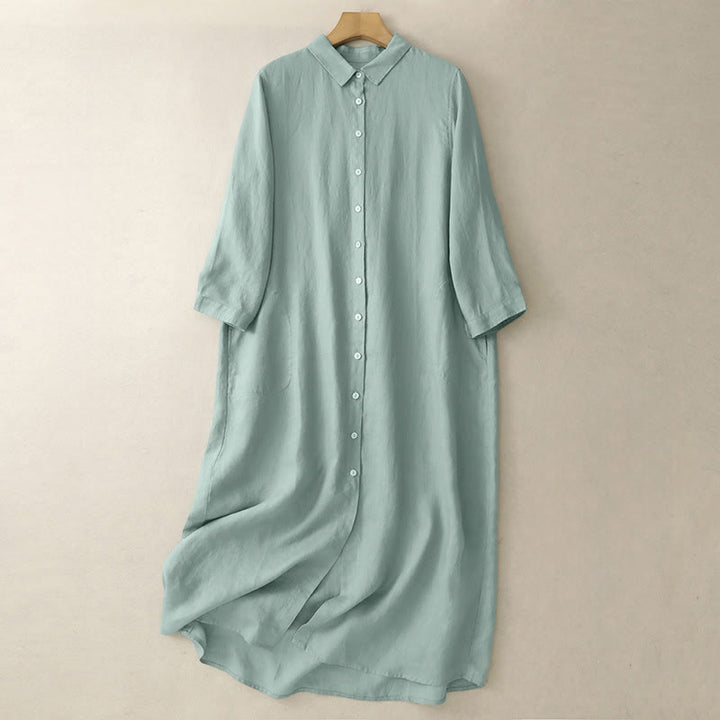 Buddha Stones Fall Commute Plain Buttons Design Long Sleeve Knee Length Dress With Pockets - MediumAquamarine - US8-10，UK/AU12-14，EU40-42 (2XL) - image 6