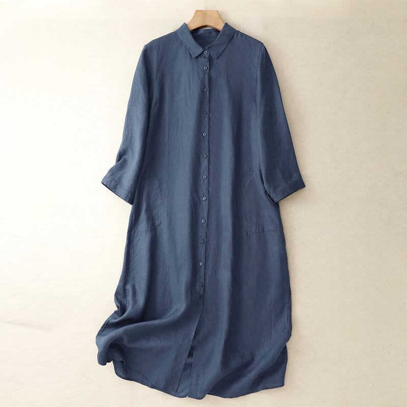 Buddha Stones Fall Commute Plain Buttons Design Long Sleeve Knee Length Dress With Pockets - MidnightBlue - US8-10，UK/AU12-14，EU40-42 (2XL) - image 1