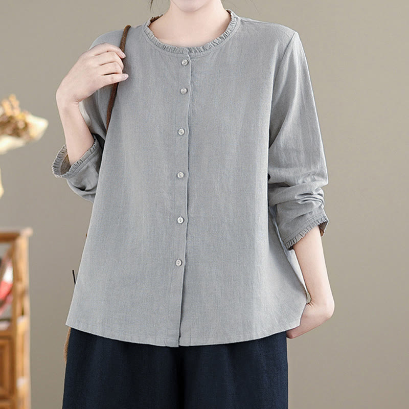 Buddha Stones Spring Solid Color Buttons Design Ruffled Crew Neck Women's Shirt - image 9