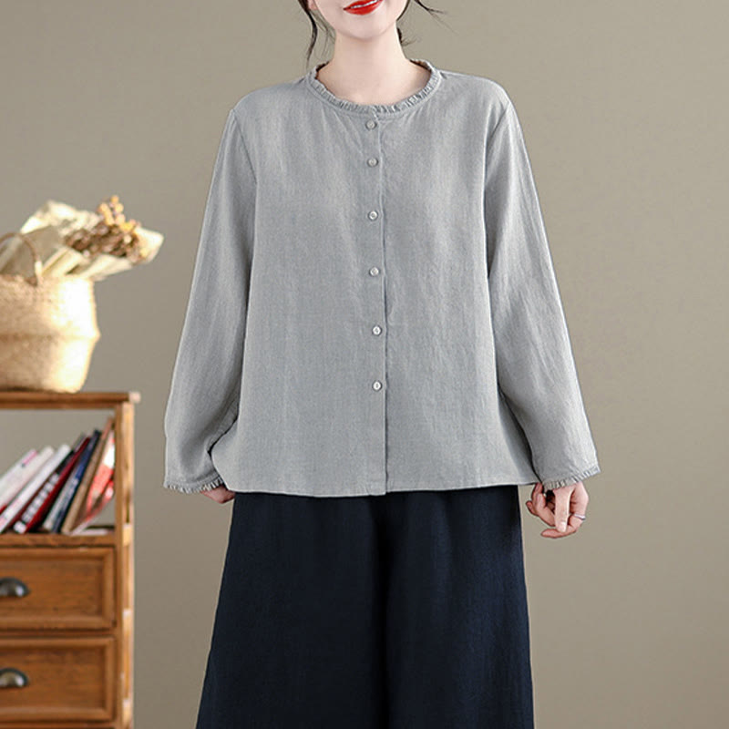 Buddha Stones Spring Solid Color Buttons Design Ruffled Crew Neck Women's Shirt - image 12