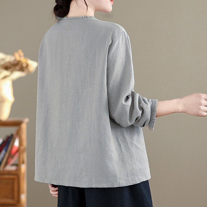 Buddha Stones Spring Solid Color Buttons Design Ruffled Crew Neck Women's Shirt - image 8