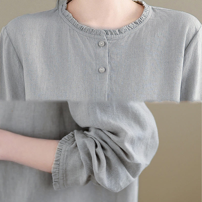 Buddha Stones Spring Solid Color Buttons Design Ruffled Crew Neck Women's Shirt - image 15
