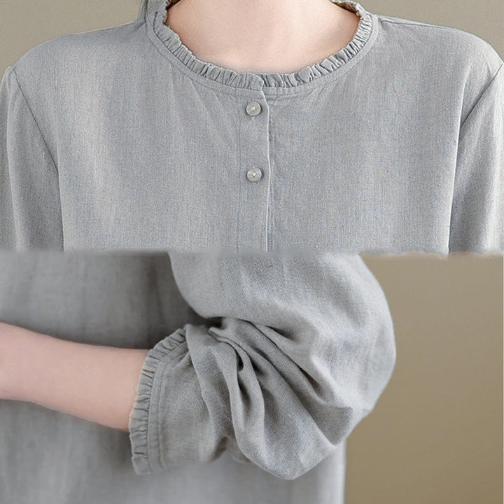 Buddha Stones Spring Solid Color Buttons Design Ruffled Crew Neck Women's Shirt - image 15