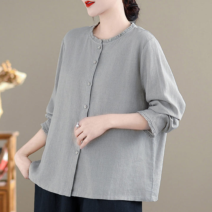 Buddha Stones Spring Solid Color Buttons Design Ruffled Crew Neck Women's Shirt - image 11