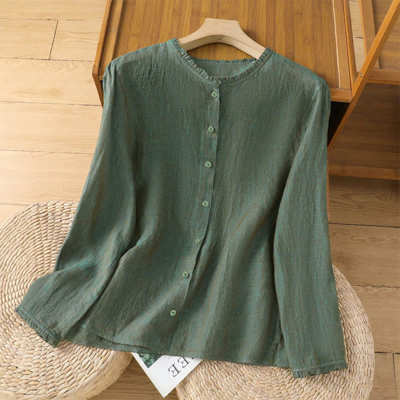 Buddha Stones Spring Solid Color Buttons Design Ruffled Crew Neck Women's Shirt - SeaGreen - US14，UK/AU18，EU46 (2XL) - image 0