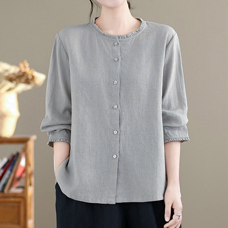 Buddha Stones Spring Solid Color Buttons Design Ruffled Crew Neck Women's Shirt - image 6